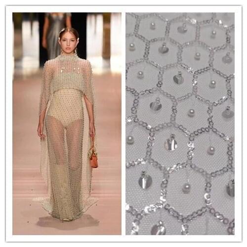 Pretty Beads Mixed Sequins Round Flowers Net Lace Fabric Pretty Design JRB-15.52102 Embroidered Tulle Mesh for Party Dress