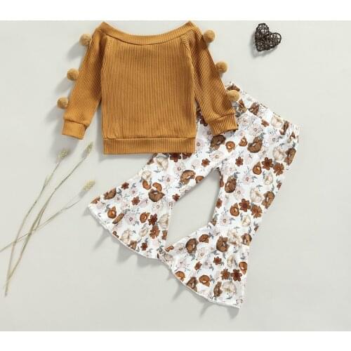 Infant Baby Girls Autumn Outfits Solid Long Sleeves Pullover Sweater + Flower Print Bell-Bottom Pants Kids 3Pcs Fashion Clothes