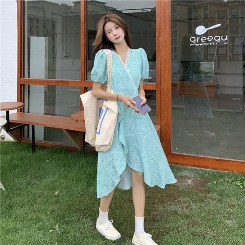 French Niche Split Irregular V-neck Floral Dress Female Summer New Green Waist Dress