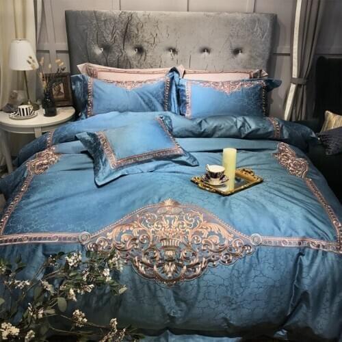 120S Egyptian Cotton blue Embroidery Luxury Bedding Set 4pcs King Queen Wedding Bed Sheet Cover set Duvet Cover Pillowcase