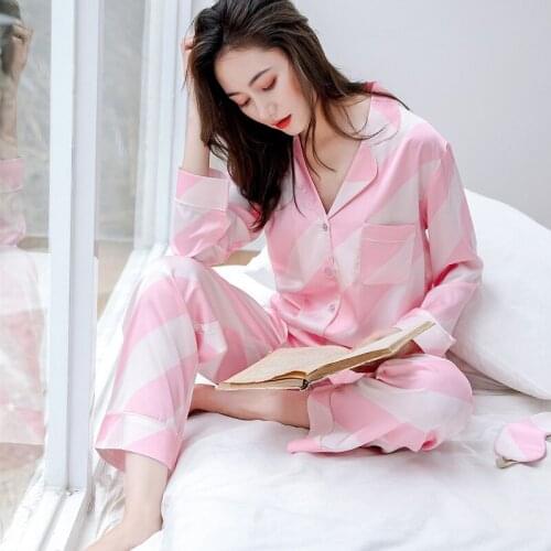 Pink Women 2PCS Red Pajamas Sets Stripe Rayon Sleepwear Pyjamas Suit Sleepwear Sexy Notched Nightwear Underwear Home Clothes