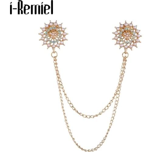 Korean Fashion Pearl Flower Brooch Crystal Tassel Chain Shirt Collar Pins Personality Jewelry Brooches for Women Accessories