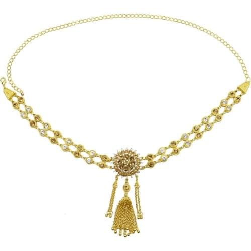 Vintage Women Hollow Flower Waist Chain Crystal Gold-Color Metal tassel Belt Belly Chain Indian Turkish Royal Wedding Jewelry