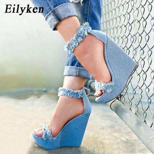 Eilyken 2021 New Designer Denim Sandals Summer Roman Sandals High Quality Wedges High Heels Peep-Toe Platform Shoes Woman
