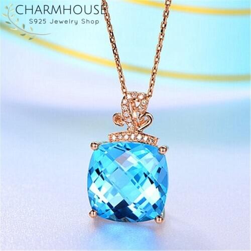 18K Gold GP Charm Necklaces For Women Blue Crystal Square Pendant & Necklace Collier Femme Choker Rhinestone Wedding Jewelry