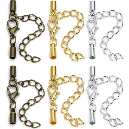 20pcs/lot Round Leather Cord End Caps Clasps Extender Chain With Lobster Clasp For DIY Jewelry Marking Findings Wholesale