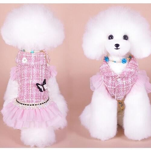 Noble Dog Coat For Princess Girls Pet Clothes Winter Tulle Short Sleeve Pink Butterfly Pattern Tutu Dress Jacket Costume Outfit