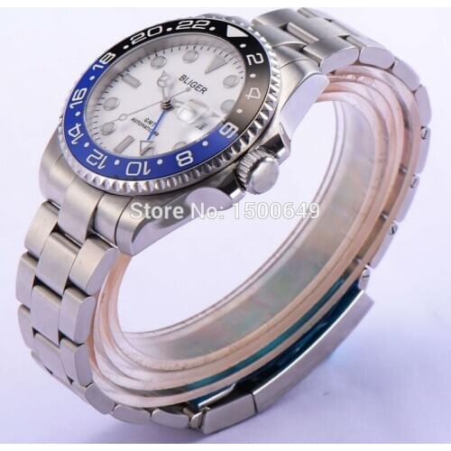 Bliger 43mm white dial blue GMT Sapphire Glass Ceramics Bezel Automatic Mens Watch 1870