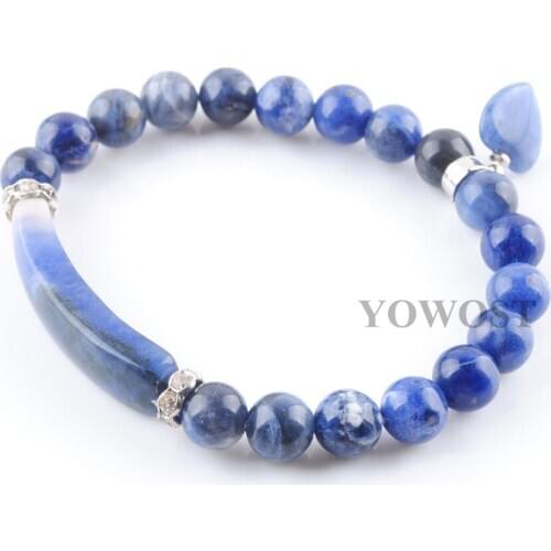 Natural Stone Beads Blue-veins Strand Bracelets & Bangles Heart Shape Silver-color Fitting Women Jewelry Love Gifts QK3324