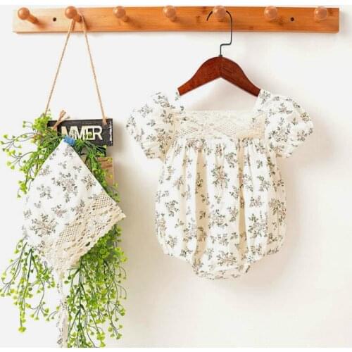 New Infant Baby Girls Clothes Summer Floral Printed Lace Hollow Princess Party Romper+hat 2 PCS Set baby Outfits Bodysuit 0-18M