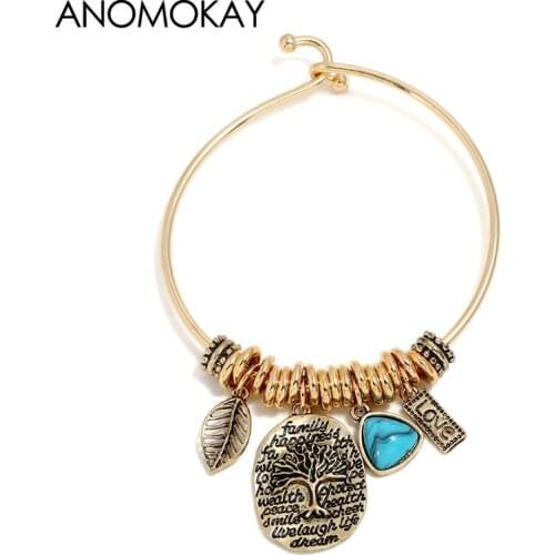 European American Vintage Vogue DIY Leaf Tree Heart Charm Bracelet & Bangle Gold Color Bead Cuff Bracelets for Men Women Jewelry