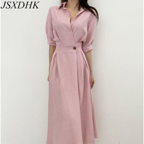 JSXDHK Chic Summer Turn Down Collar Dress Elegant Women Short Sleeve Pink One Button Female Designer Korean Shirt Long Vestidos