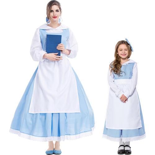 New Mother Daughter Belle Costume Adult Kid Light blue Maid Dress Party Halloween Cosplay Costumes Full Set for Women girl