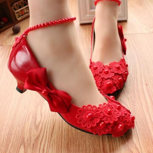 3CM heel red lace flowers pearls ladies girls woman wedding party pumps shoes NQ265 luxury dinner proms dress anniversary shoes