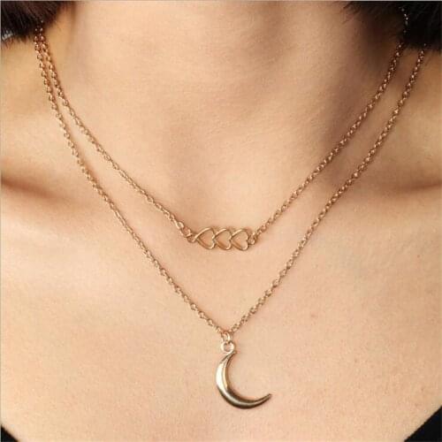 Creative Double Chain Style Womens Clavicle Pendant Necklace Charming Female Moon Heart Necklace Fashion Lady Jewelry