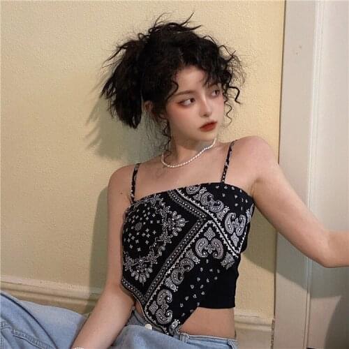 Summer Streetwear Harajuku Cashew Print Patchwork Tops Women Sexy Sling Black Slim Top Gothic Vintage Backless Party Girl New