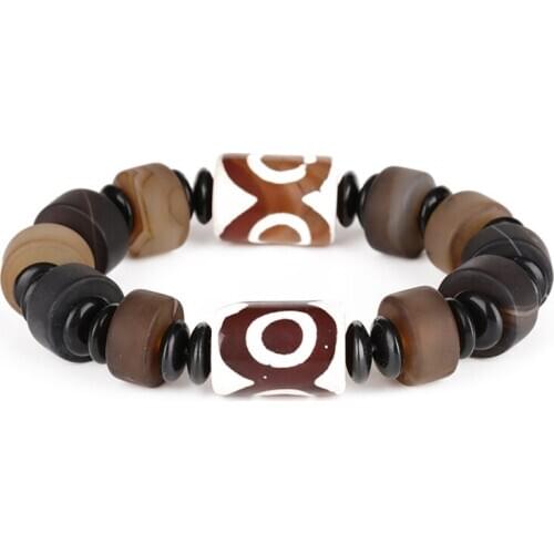 Cylinder tube matte light dark brown black onyx double charm semi precious stone tibetan buddhism energy beads bracelet for man