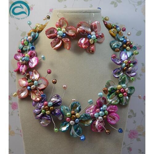 Unique Pearls jewellery Store Multicolor Genuine Freshwater Pearl Sea Shell Flower Necklace Earrings Jewellery Set For Women