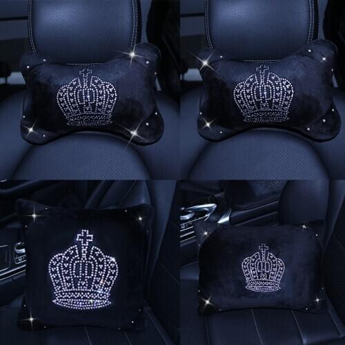Bling Crown Car Neck Pillow Pink Car Seat Head Neck Auto Headrest Support Rest Cushion Crystal Car Interior Accessories
