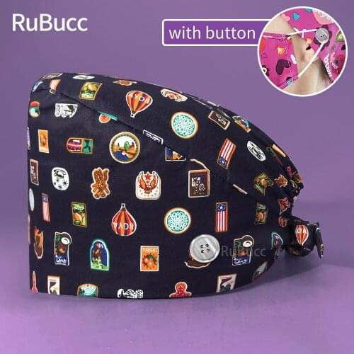 Nurse Accessories High-end Print Doctor Scrub Hat Adjustable Unisex Cotton Beauty Salon Working Hats with Sweatband Surgical Cap