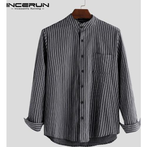 INCERUN Casual Men Striped Shirt Simple Long Sleeve Button Stand Collar Loose Brand Shirts Men Clothes Harajuku Chemise 2021