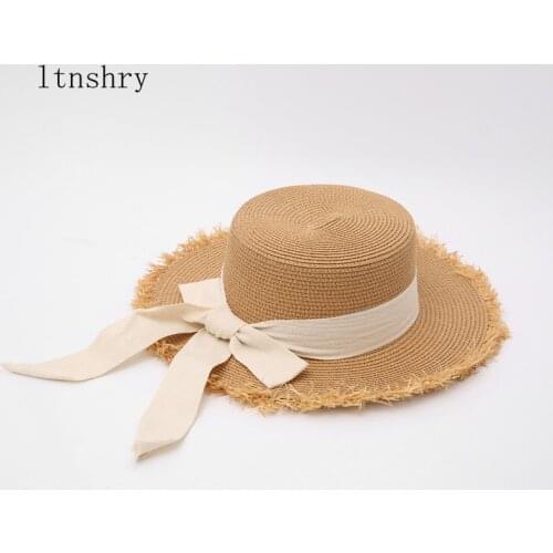 2021 New Summer Fashion Black White Ribbon Bowknot Summer Sun Hat Beautiful Women Straw Beach Hat Large Brimmed Hat Sunscreen