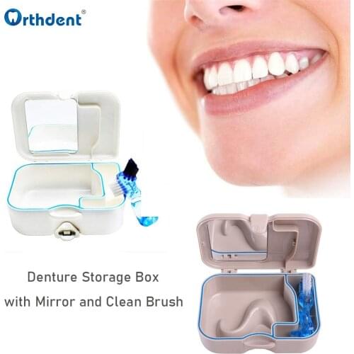 Denture Storage Box Case Mirror and Clean Brush Dental Appliance Cleaning Bath
