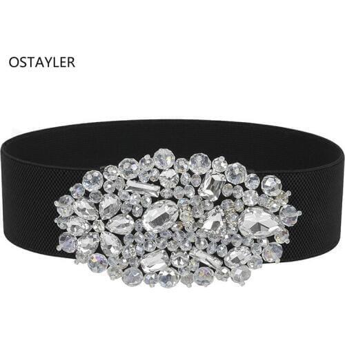 High End 6CM Wide Elastic Dress Belts For WOmen White Grey Rhinestone Crystal Gem Female Waistband Cummerbund Girls Corset Belts