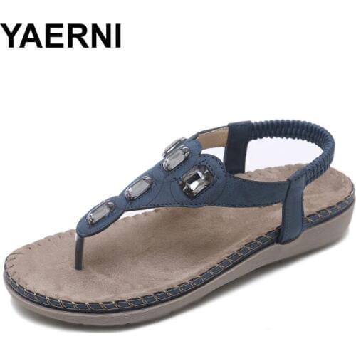 YAERNI Women Sandals Summer 2018 Gladiator Shoes Woman Bohemia Women Flat Casual Sandals Crystal Wedge Flip-Flop Beach Sandals