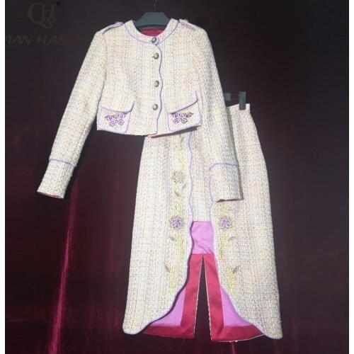 Qian Han Zi 2019 Fashion Runway Set Women Long Sleeve Buttoned Short coat+Embroidered High Split bodycon Midi Skirt 2 Piece Set