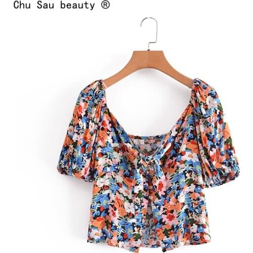 Summer Trend Floral Print Vintage Design 2021 V Neck Knotted Chest Puff Short-Sleeve Cardigan Crop Top Women Chic