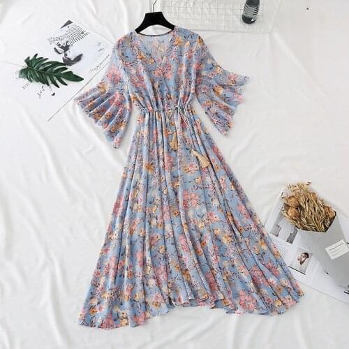 Women Dress 2020 Summer Girls Floral Print Chiffon Dress Irregular Ruffles Casual Slim Dresses Korean Beach Party Vestidos