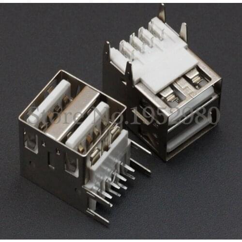 10PCS 2.0 USB Connector Adapter A/F 90 Degree Double USB Socket 4 Straight Pins for DIY Computer