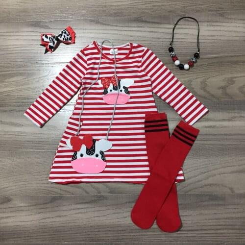 Girlymax Baby Outfits Dress Stripe Cotton Cow Boutique Clothes Knee Length Match Necklace Socks Bow &Purse