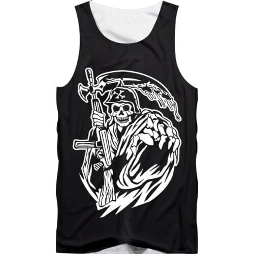 IFPD EU/US Size 3D Print Tank Top Summer Grim Reaper Skull Print Sleeveless Shirt Plus Size Casual Breathable Funny Fitness Vest
