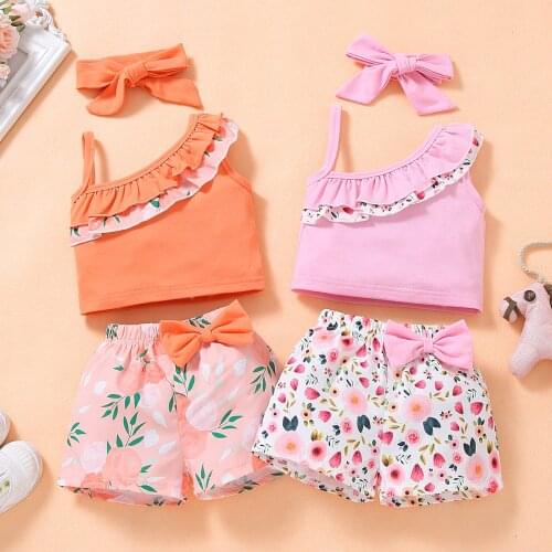 3Pcs Summer Toddler Girl Clothes Sets Ruffles Suspender Tops Flower Printed Bow Shorts Headband Fashion Children Outfits