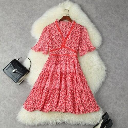 Red Mini Dress 2021 Summer Womens Beach Holiday Beaded V-neck Petal Sleeves Slim A-Line Large Swing Printed Chiffon Dress S-XL