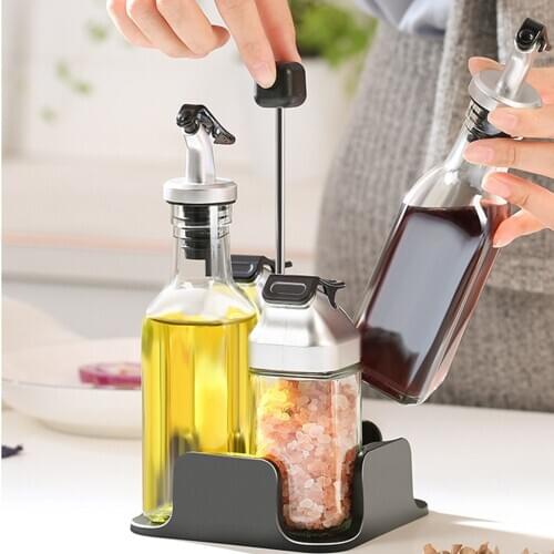 5Pcs Set Oil And Vinegar Salt Pepper Dispenser Set With Storage Tray Glass Bottle Stainless Steel Spout For Oil Vinegar Salt