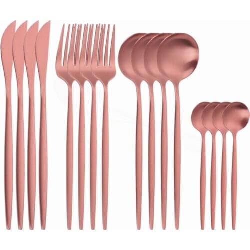 16Pcs/set Stainless Steel Cutlery Set Rose Gold Dinnerware Set Matte Dinner Knifes Forks Spoons Kitchen Tableware Silverware