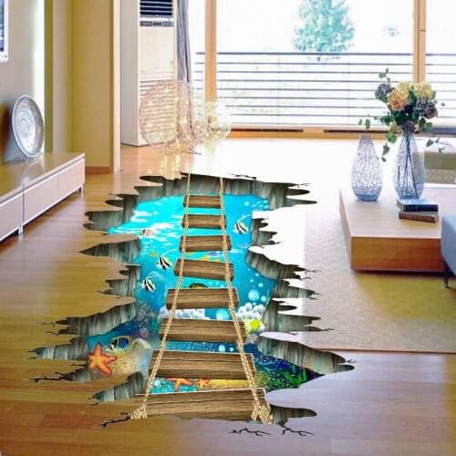 New 3D broken wall underwater world wooden bridge stickers environmental protection waterproof anti-skid wall stickers