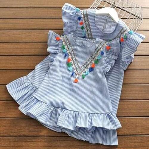 Parent-child Mother-daughter Striped Short-sleeved Dress Girl Baby Wooden Ear Tassel Skirt 2021 Summer Dress mother daughter mat