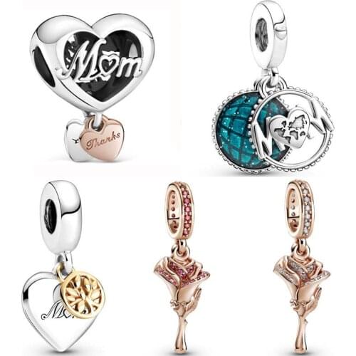 Rose Thank You Mom Heart Family Tree Glitter Globe Mum Pendant Beads 925 Sterling Silver Charm Fit Europe Bracelet Diy Jewelry