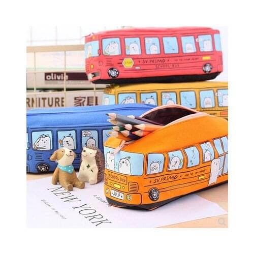 Washable Large Capacity Pencil Case Bag Creative Canvas Cartoon Bus Pencil Box