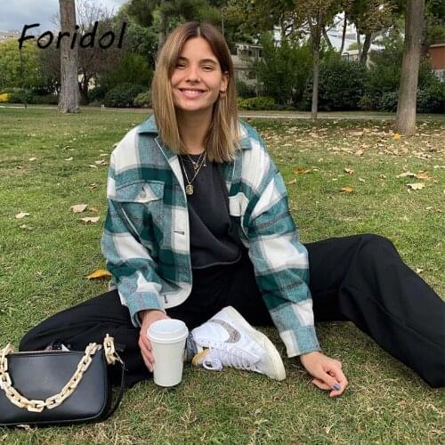 Foridol Plaid Trench Coat Women Autumn Winter Pockets Casual Vintage Coat Jacket Green Checked Thick Coat Casual Tops 2021