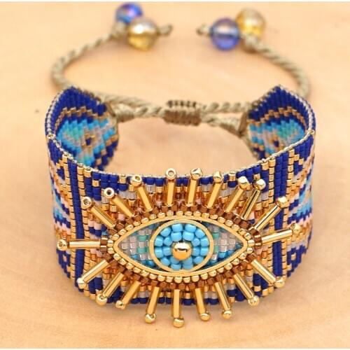 WT-B543 Japanese imports Miyuki rice beads hand-woven blue Turkish evil eye female bracelet boho weaven beads bracelet