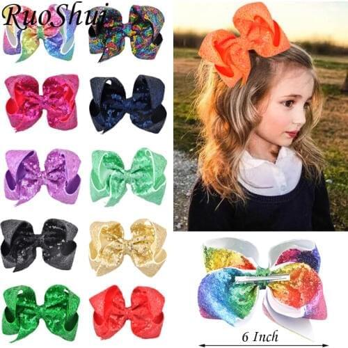 Fashion 29 Colors 6 Inch Girls Sequins Hair Bows Ribbon Hairgrip with Alligator Clips Headwear Big Bowknot Kids Hair Accessories