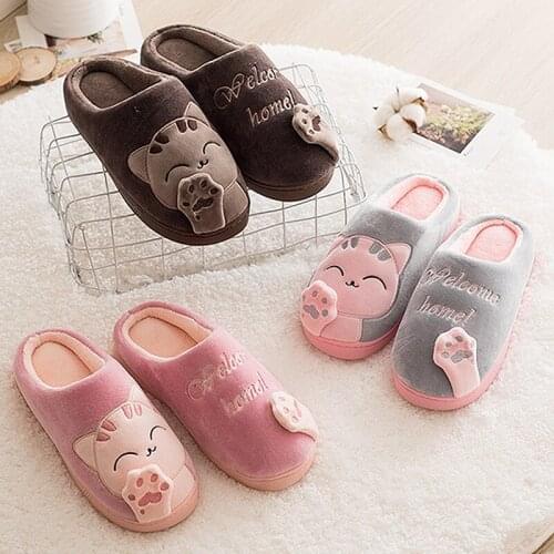 2021 Cat Animal Home Slippers Warm Short Plush Soft Cute Non Slip Cotton Women Slippers Lovers Indoor Shoes Women Plus Size