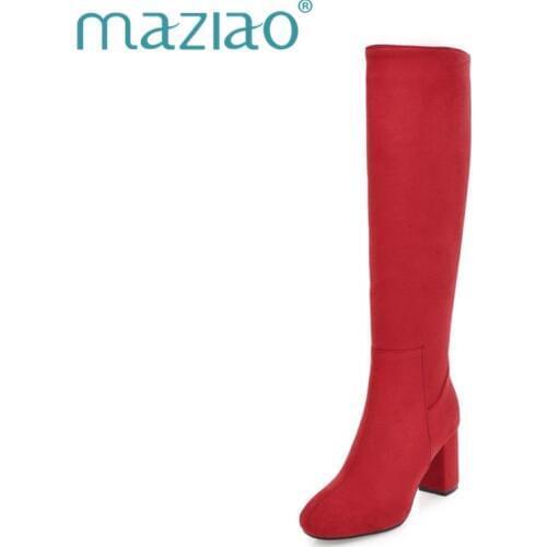 MAZIAO 2018 Knee High Boots Winter Women Shoe Elegant Boots Scrub Square High Heel Zipper Fashion Ladies Long Boots Size 32-45