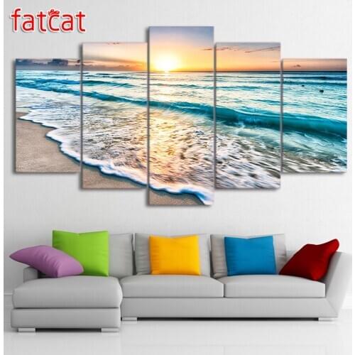 FATCAT 5 piece beach pictures seascape sunset beach Diy Diamond Painting Full Square Round Drill Diamond Embroidery Sale AE975