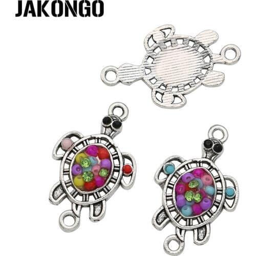 JAKONGO Antique Silver Plated Colorful Crystal Turtle Connectors for Jewelry Making Bracelet DIY Accessories 16x27mm